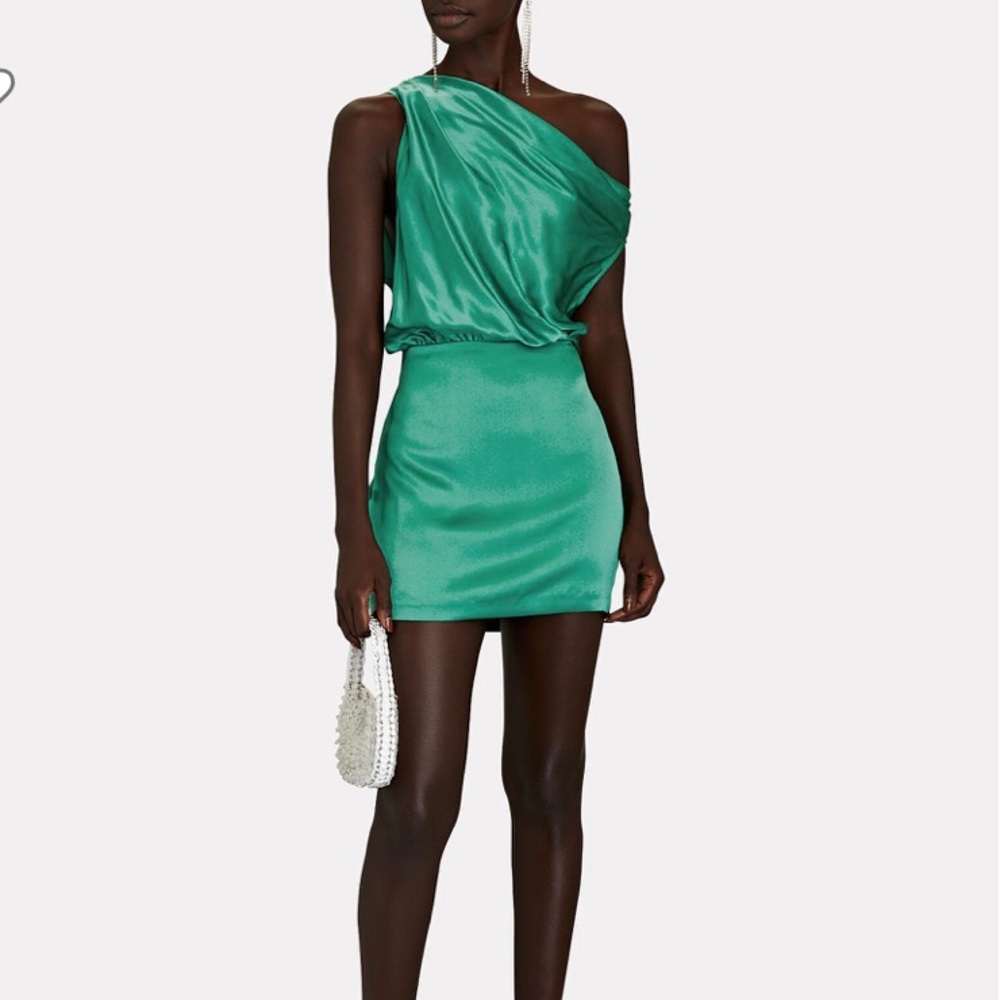 Off the shoulder silk mini dress. Emerald green. Size 4.